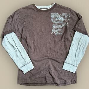 Men's Layered Thermal T-Shirt Small Brown Waffle Knit Y2K Machine Dragon Skater